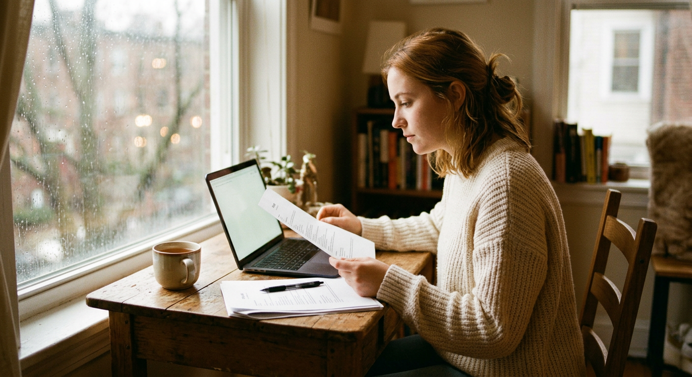Generated photograph of a young graduate reviewing their CV and laptop at a desk, used as sample profile cover art
